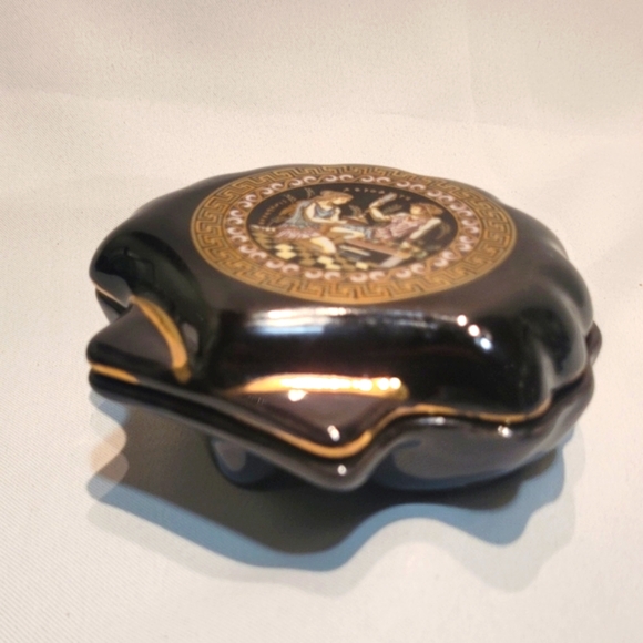 Vintage ADIS Black Porcelain GREEK GODDESS 24k Gold Accent jewelry trinket dish - Picture 3 of 10